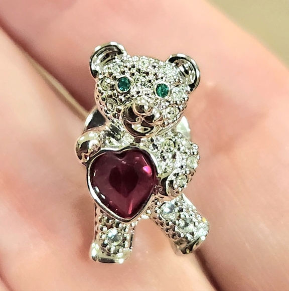 Signed Swarovski Crystal Teddy Bear Heart Lapel Pin VERY RARE - Picture 1 of 7